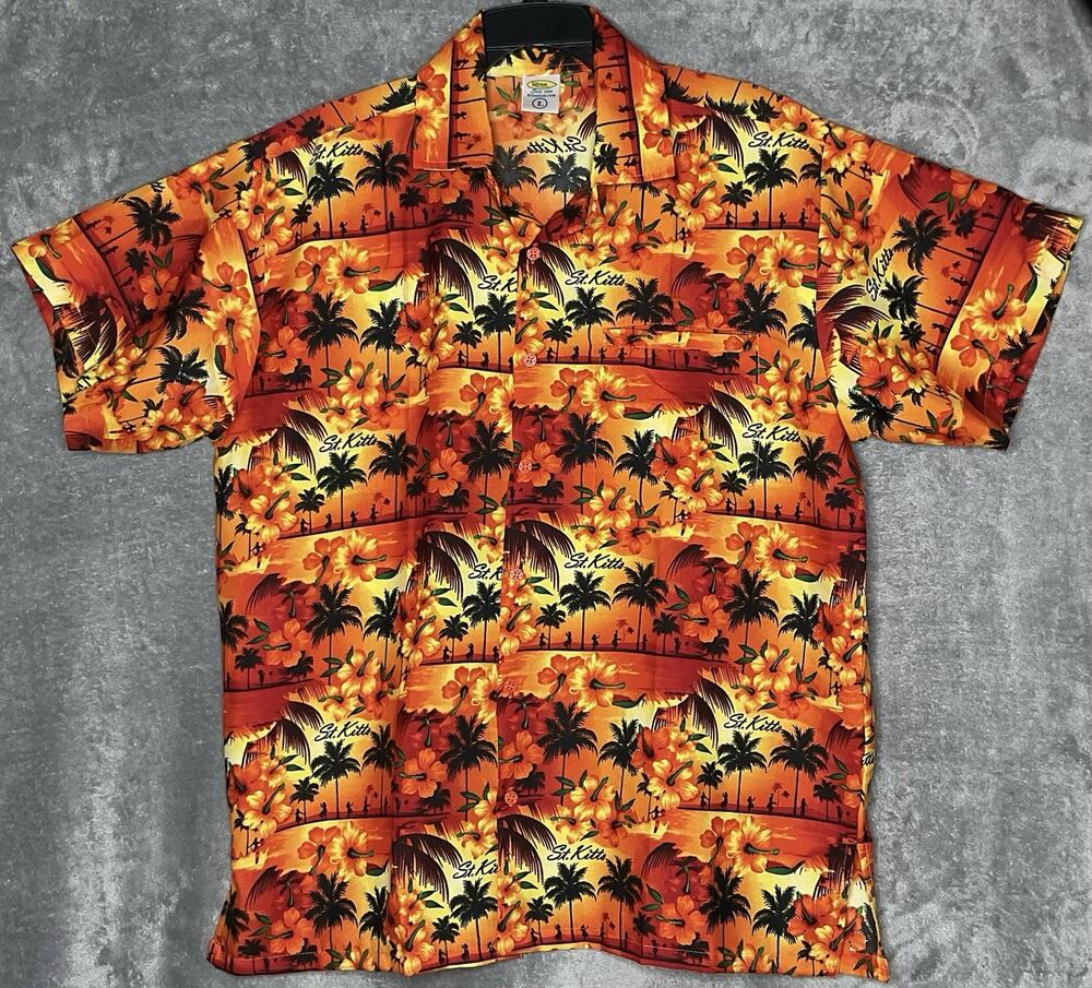 Rima St. Kitts Hawaiian Large Mens Aloha Shirt Tropical Floral Palm Sunset Beach